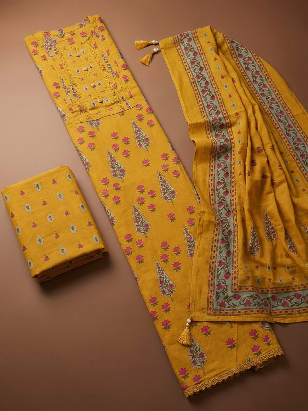 Mustard Chanderi Printed Unstitched Dress Material