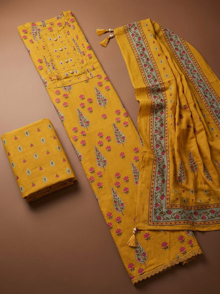 Mustard Chanderi Printed Unstitched Dress Material