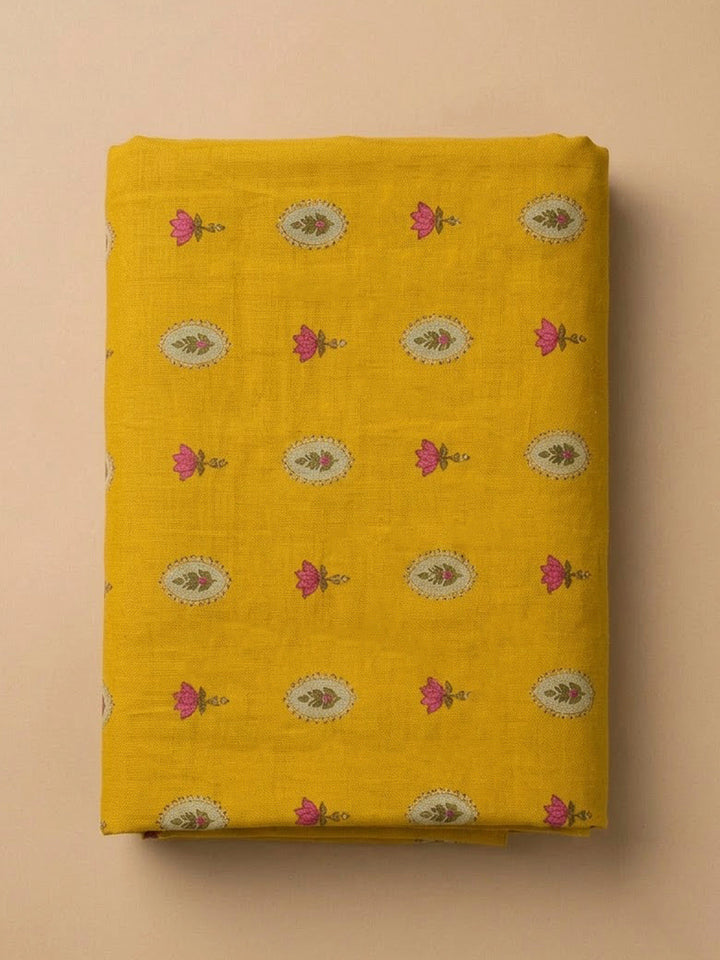 Mustard Chanderi Printed Unstitched Dress Material