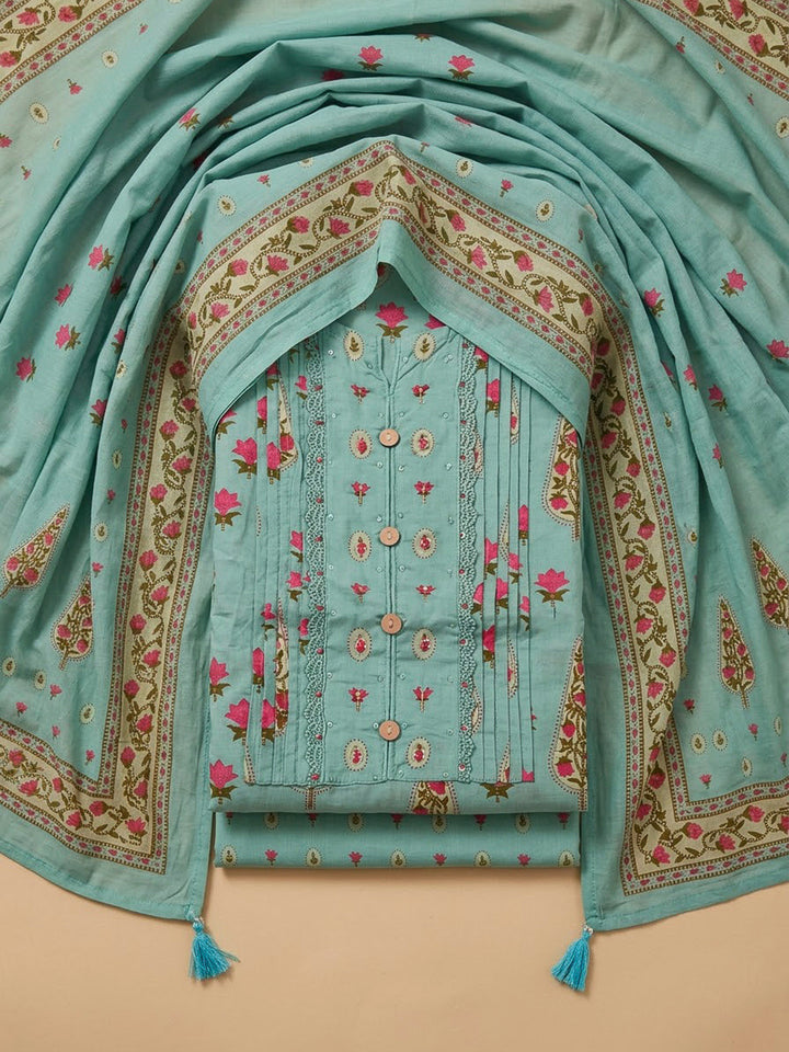 Sea Green Chanderi Printed Unstitched Dress Material