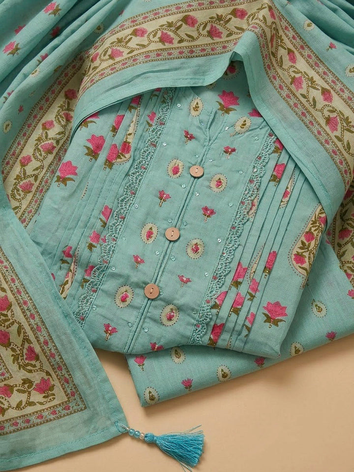 Sea Green Chanderi Printed Unstitched Dress Material