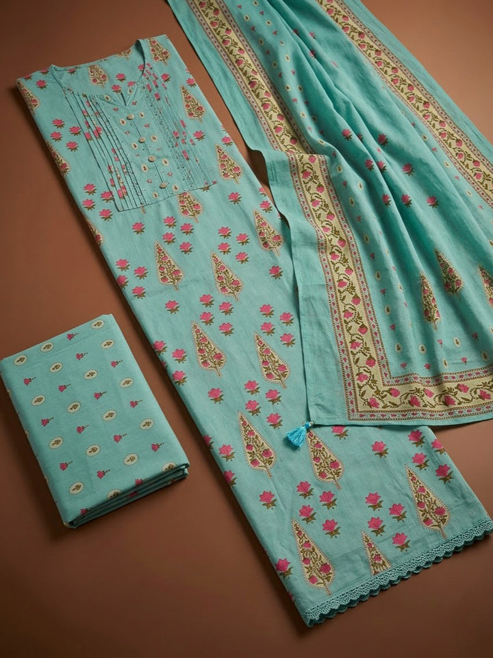 Sea Green Chanderi Printed Unstitched Dress Material