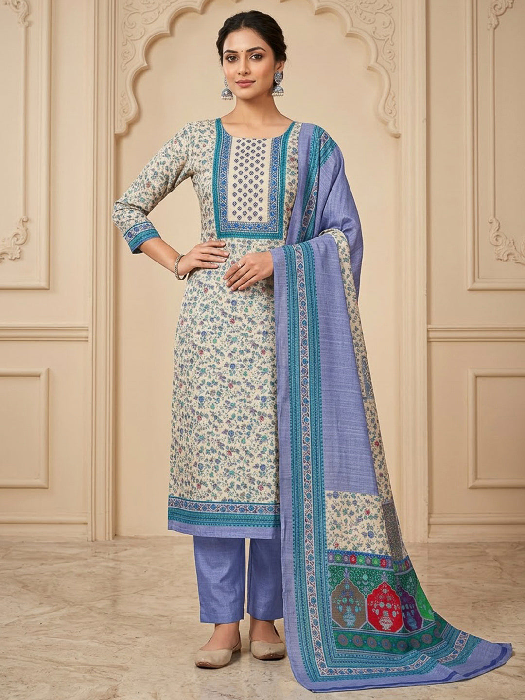 Blue Chanderi Embroidered Unstitched Dress Material