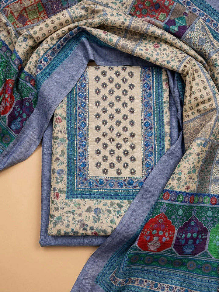 Blue Chanderi Embroidered Unstitched Dress Material
