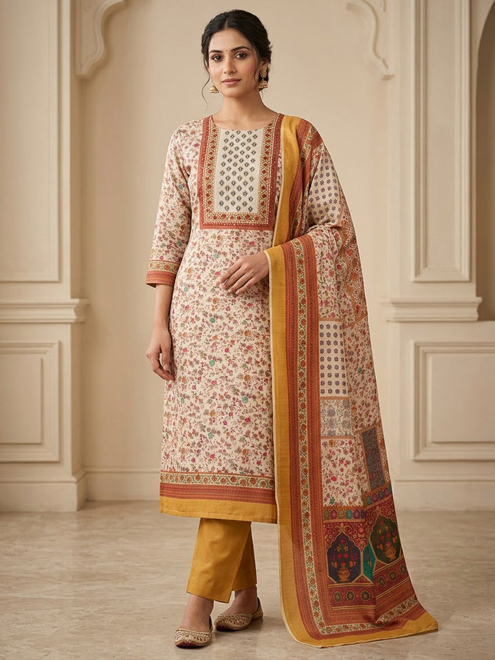 Rust Chanderi Embroidered Unstitched Dress Material