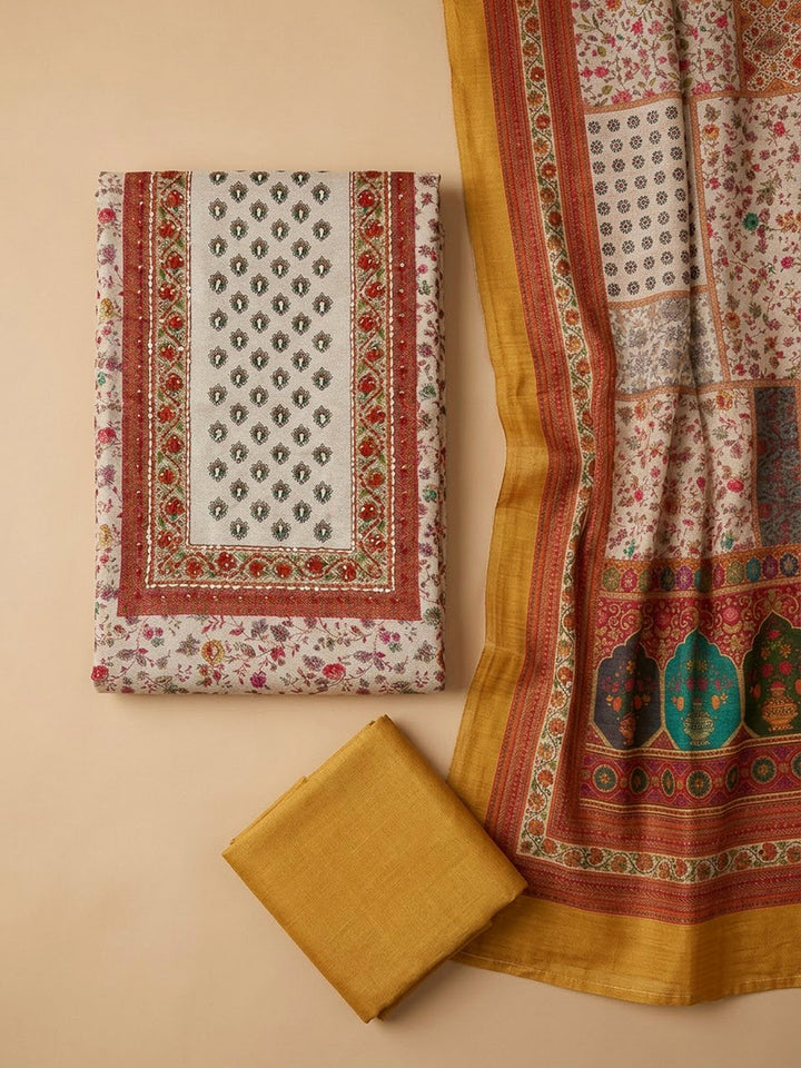 Rust Chanderi Embroidered Unstitched Dress Material