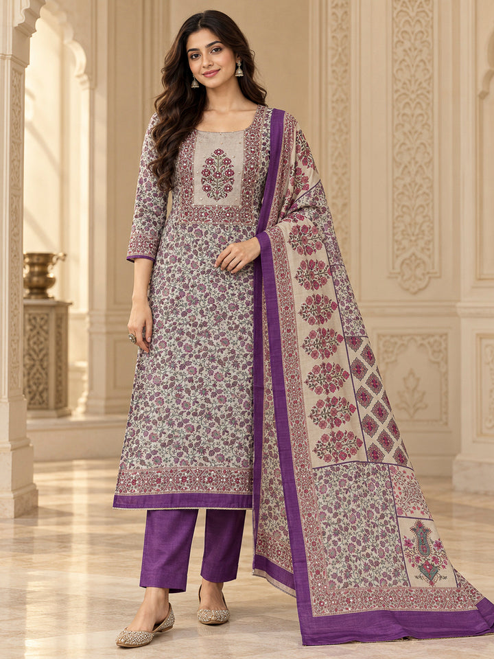 Purple Chanderi Embroidered Unstitched Dress Material