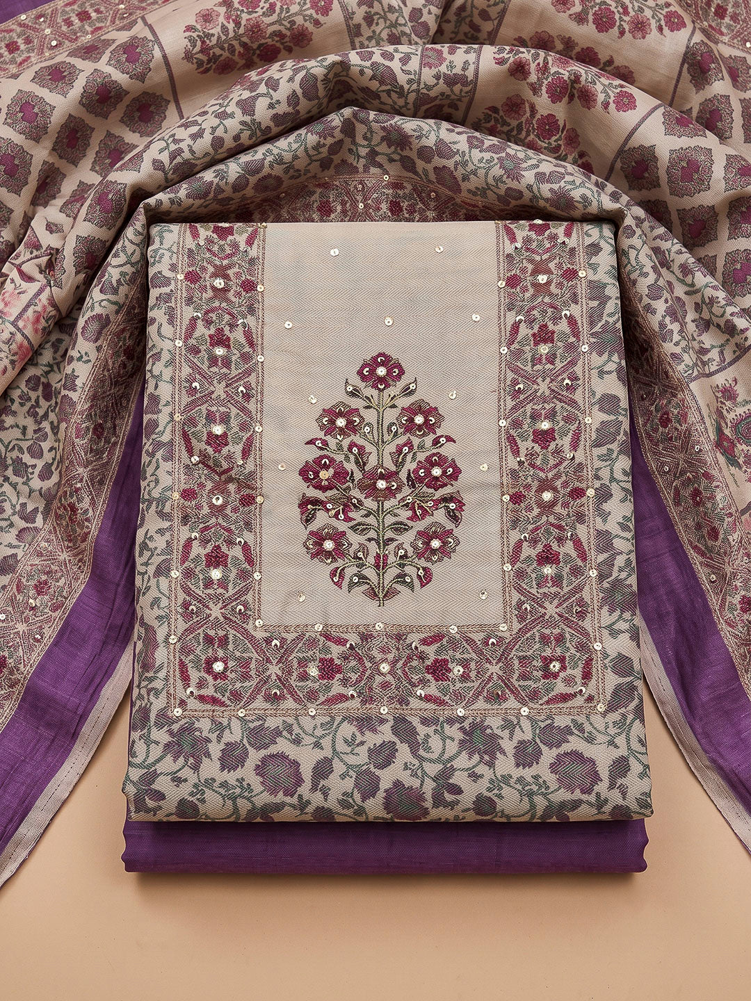 Purple Chanderi Embroidered Unstitched Dress Material