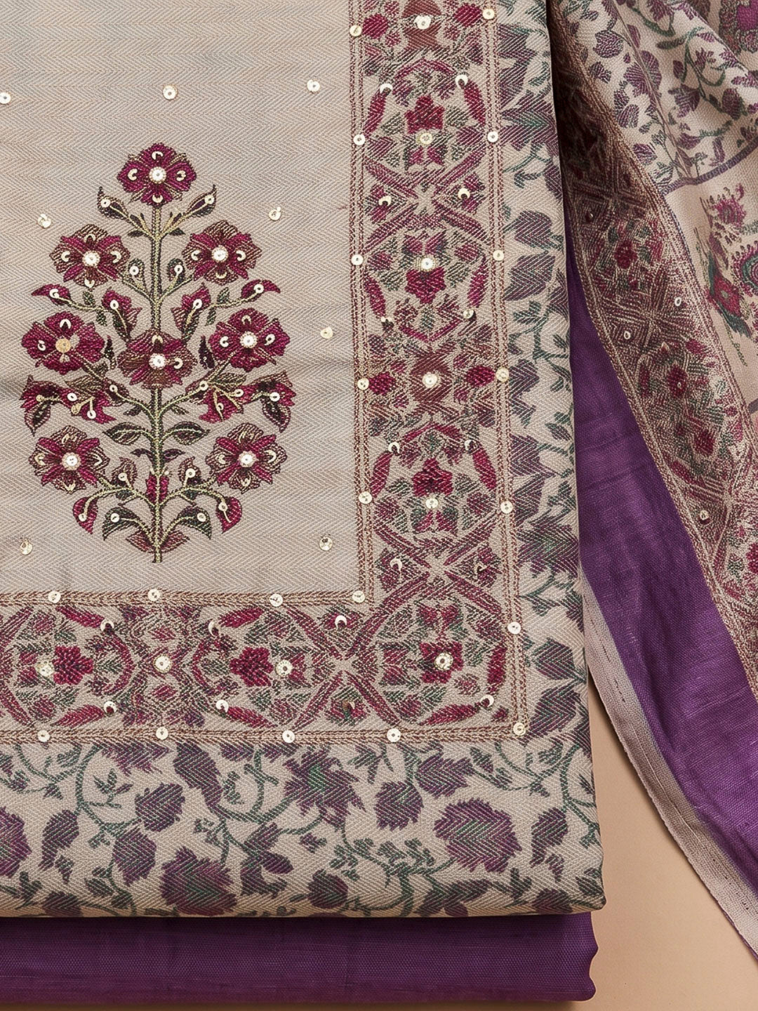 Purple Chanderi Embroidered Unstitched Dress Material