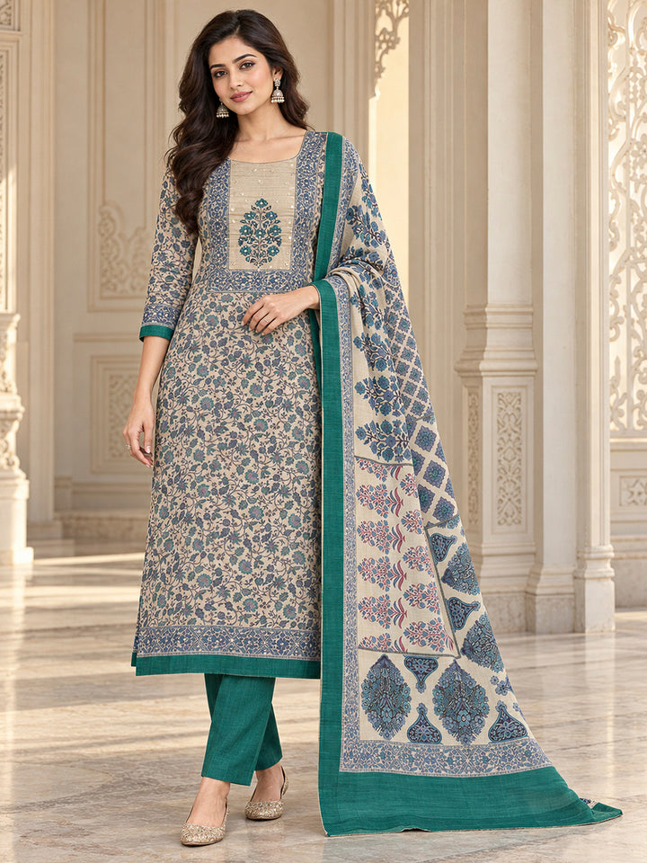 Rama Green Chanderi Embroidered Unstitched Dress Material