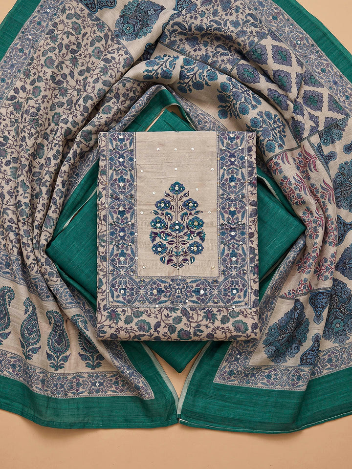 Rama Green Chanderi Embroidered Unstitched Dress Material