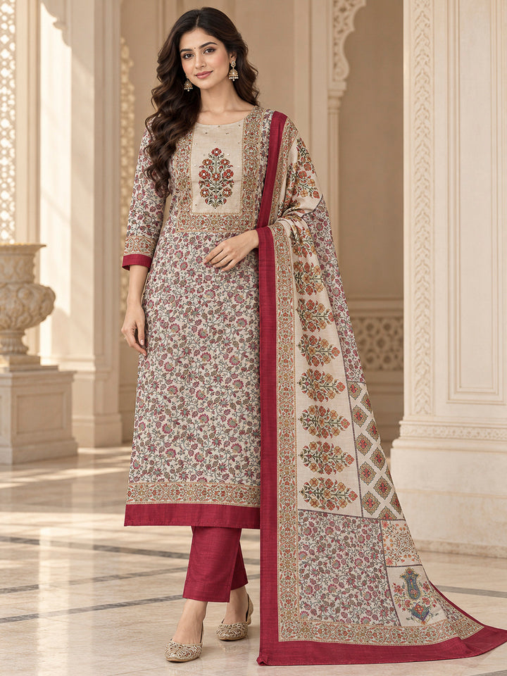 Red Chanderi Embroidered Unstitched Dress Material