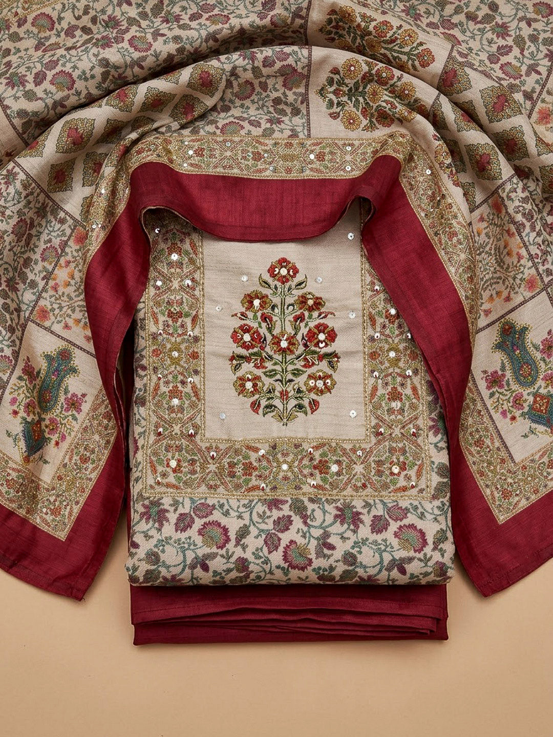 Red Chanderi Embroidered Unstitched Dress Material