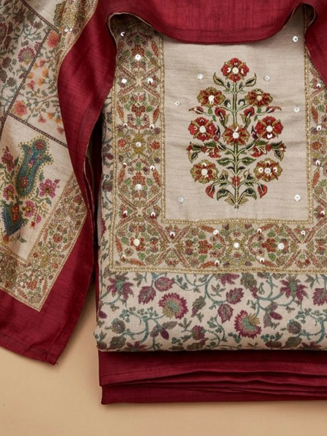 Red Chanderi Embroidered Unstitched Dress Material