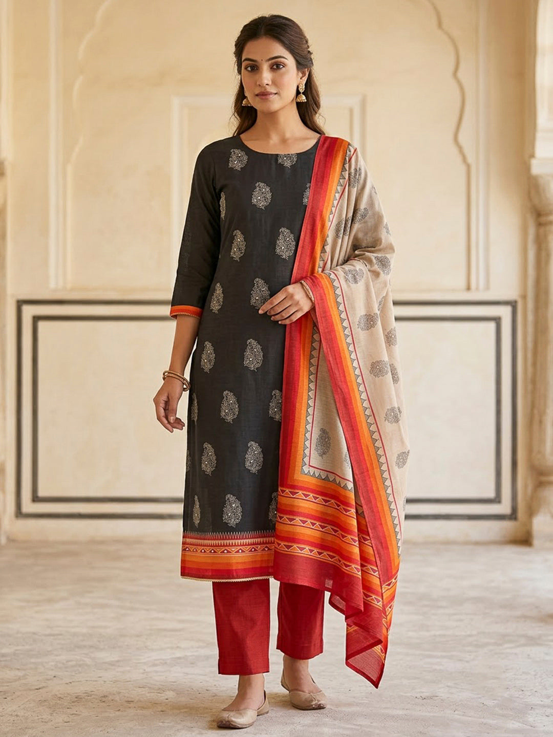 Black Tussar Printed Unstitched Dress Material