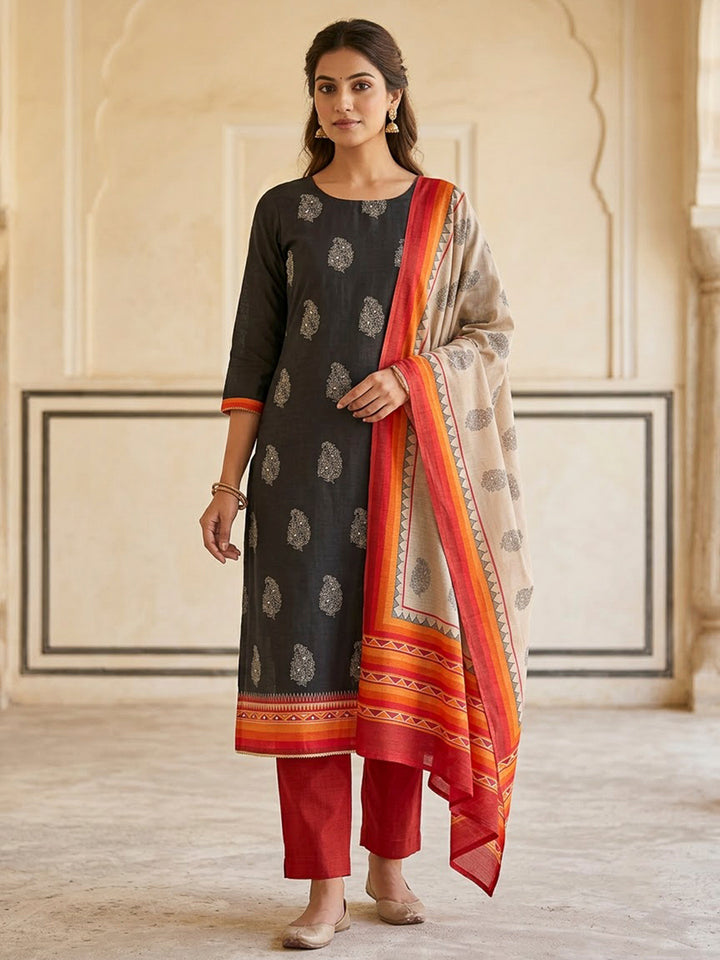 Black Tussar Printed Unstitched Dress Material