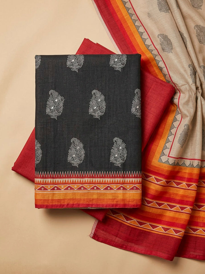 Black Tussar Printed Unstitched Dress Material