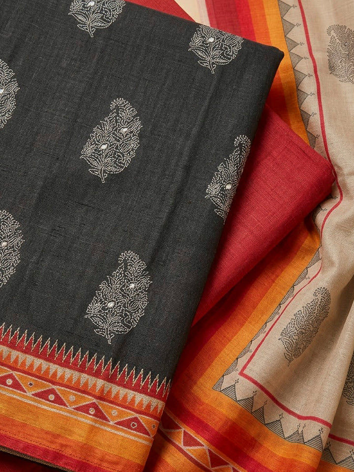 Black Tussar Printed Unstitched Dress Material