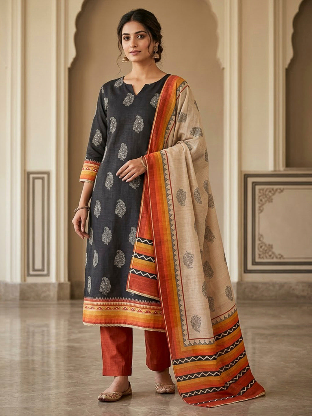 Black Tussar Printed Unstitched Dress Material