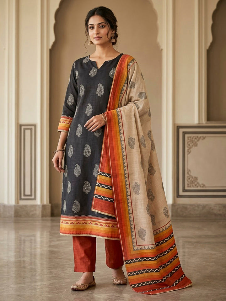 Black Tussar Printed Unstitched Dress Material
