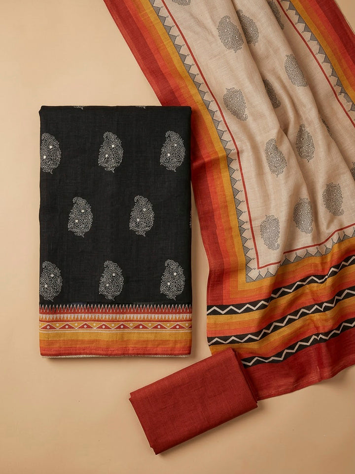 Black Tussar Printed Unstitched Dress Material