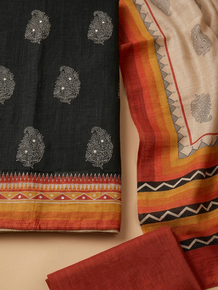 Black Tussar Printed Unstitched Dress Material