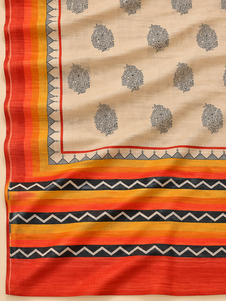 Black Tussar Printed Unstitched Dress Material