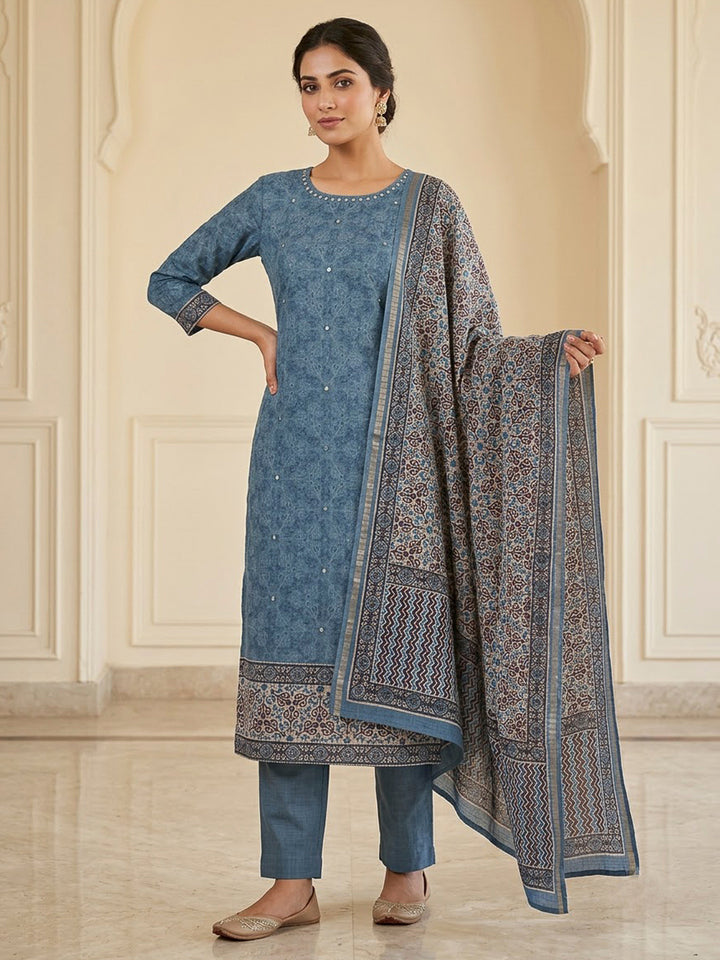 Blue Tussar Printed Unstitched Dress Material