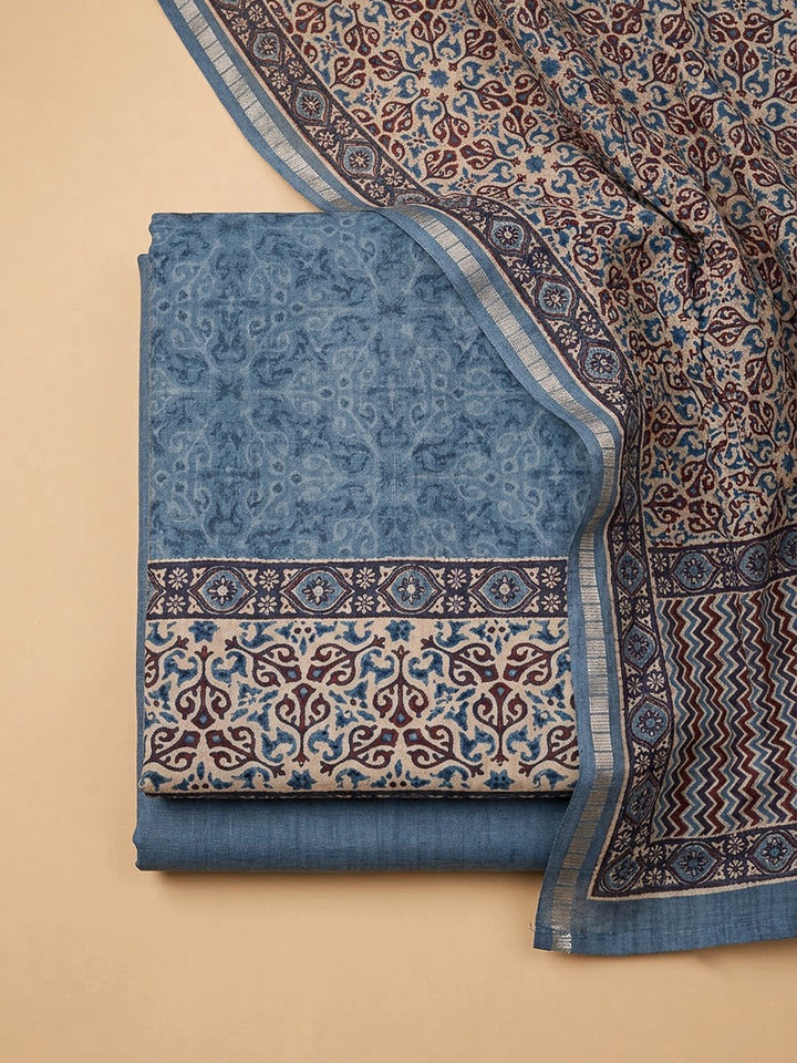 Blue Tussar Printed Unstitched Dress Material
