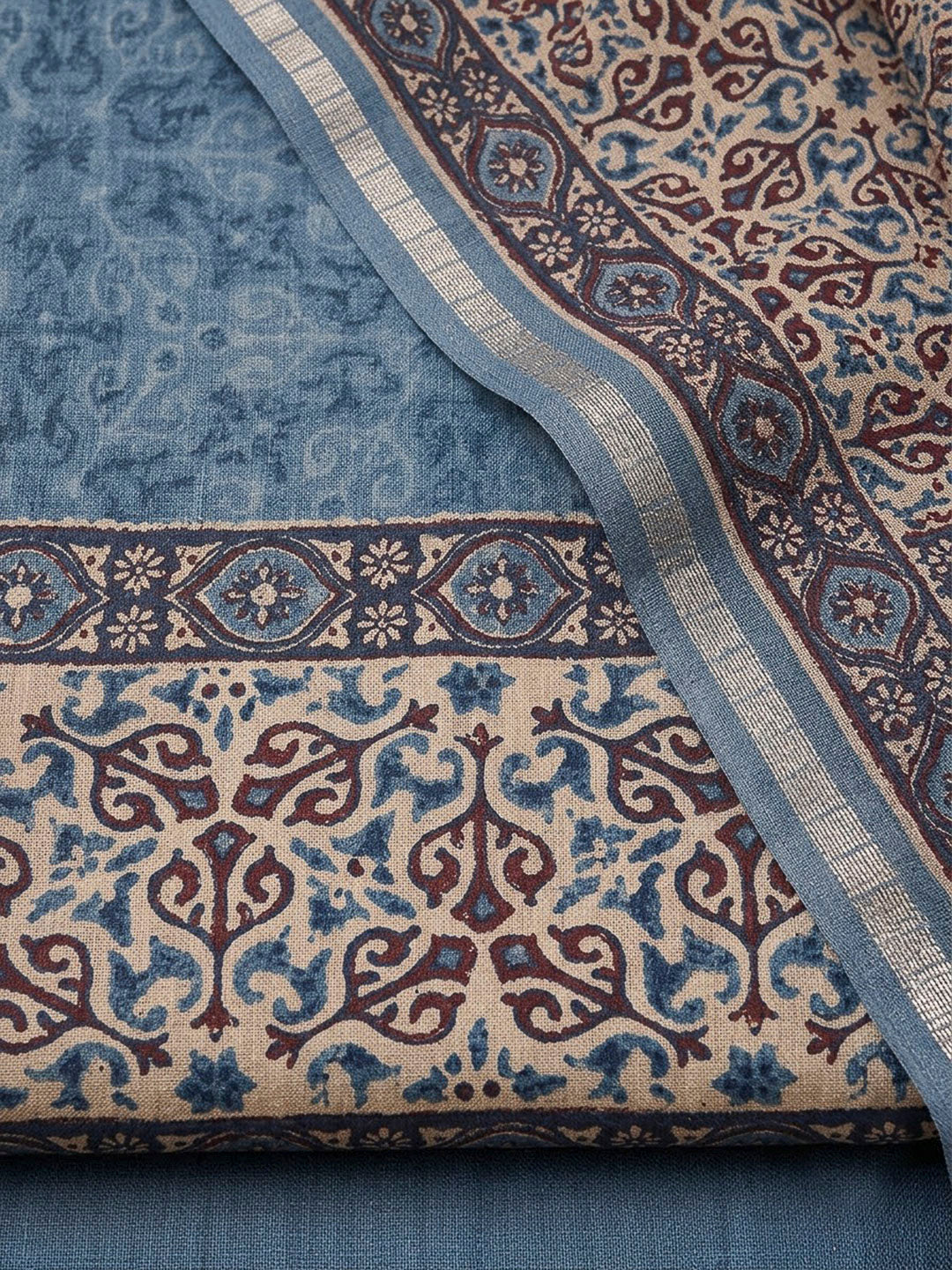 Blue Tussar Printed Unstitched Dress Material