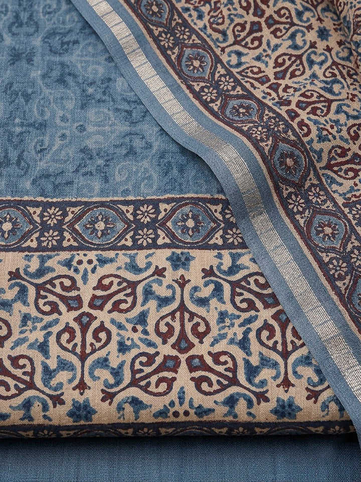 Blue Tussar Printed Unstitched Dress Material