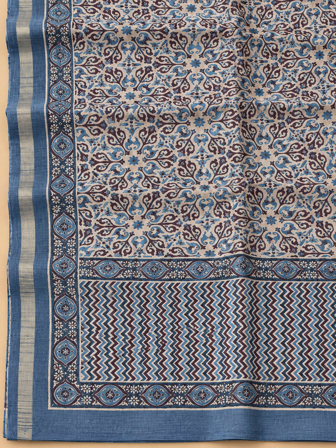 Blue Tussar Printed Unstitched Dress Material