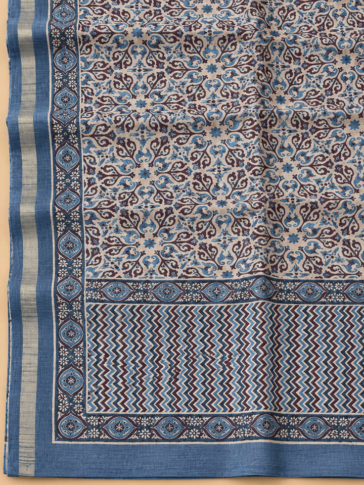 Blue Tussar Printed Unstitched Dress Material