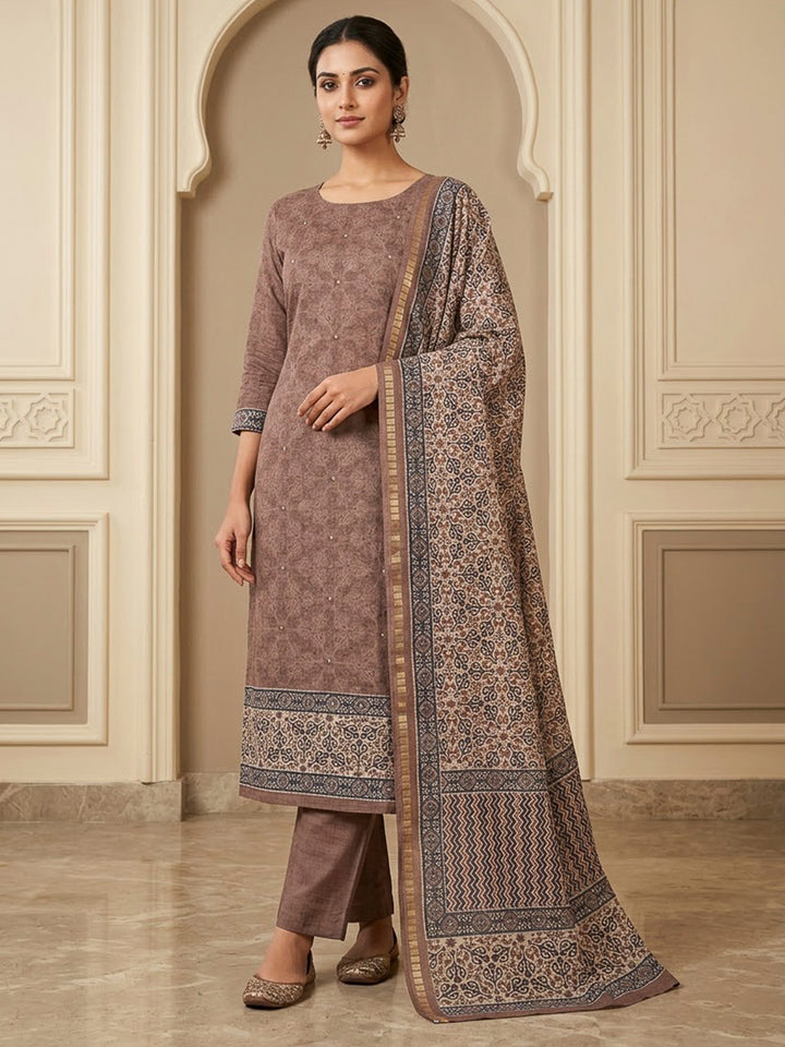 Brown Tussar Printed Unstitched Dress Material