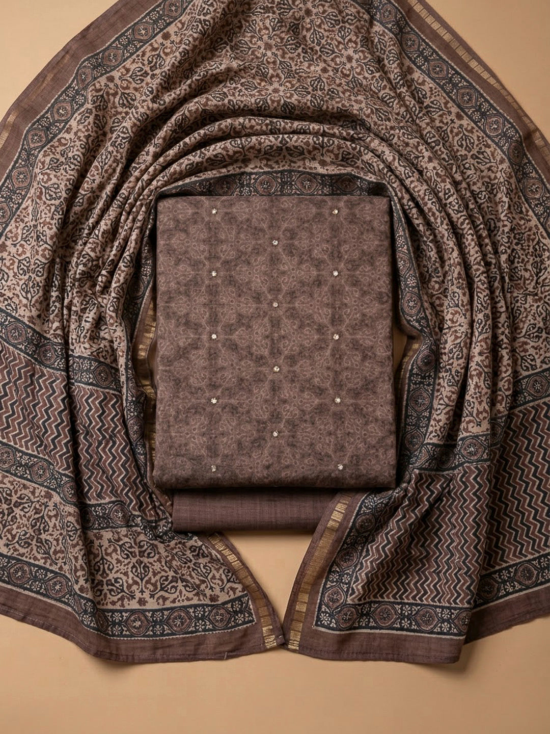Brown Tussar Printed Unstitched Dress Material