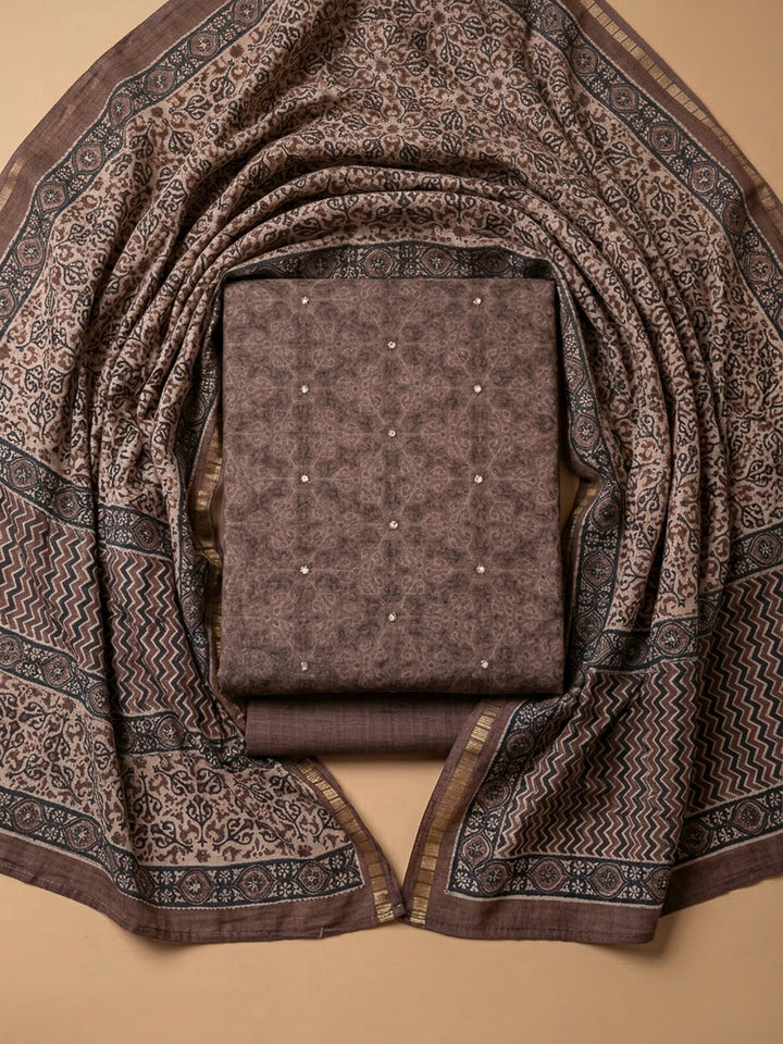 Brown Tussar Printed Unstitched Dress Material