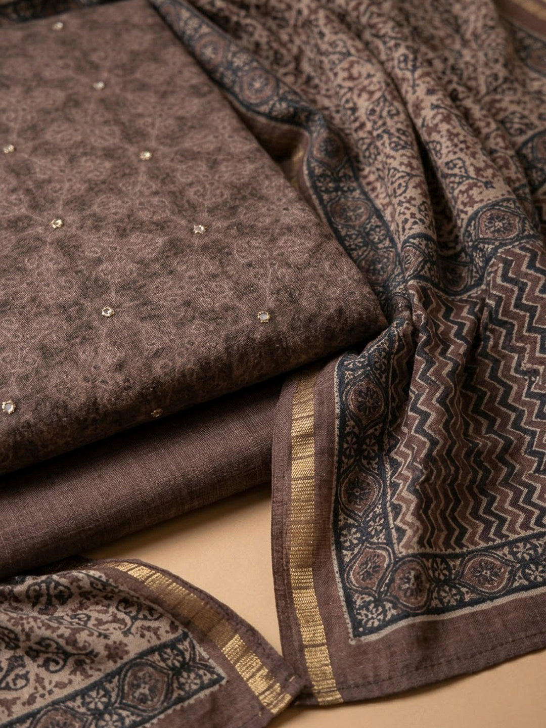 Brown Tussar Printed Unstitched Dress Material