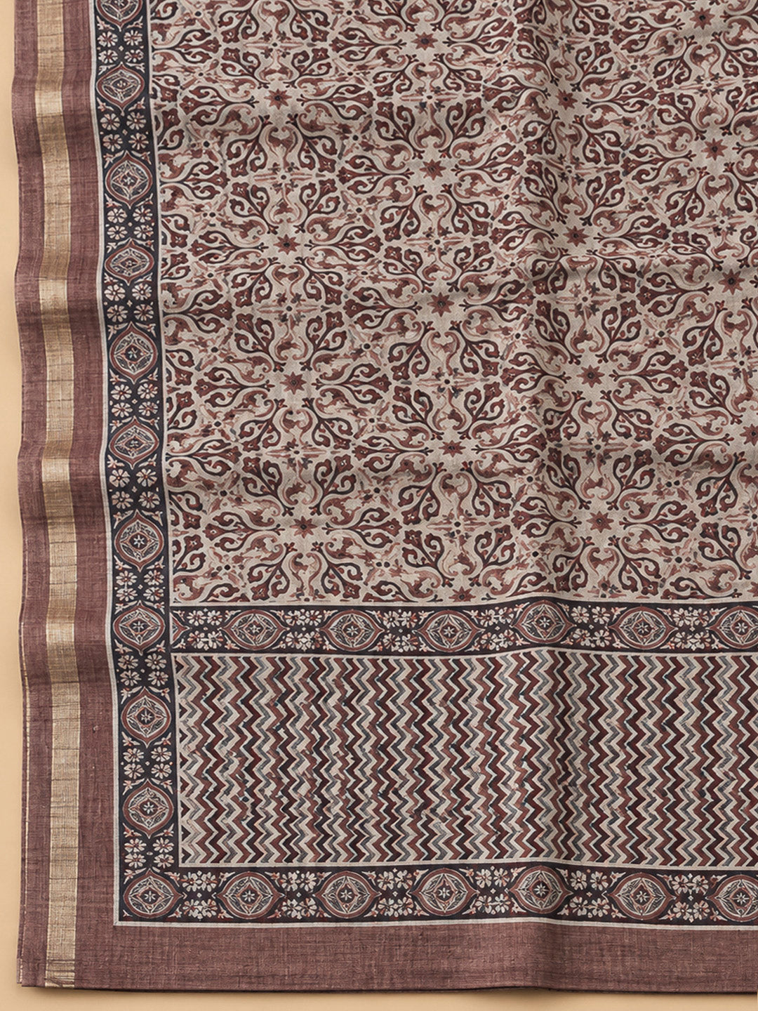 Brown Tussar Printed Unstitched Dress Material