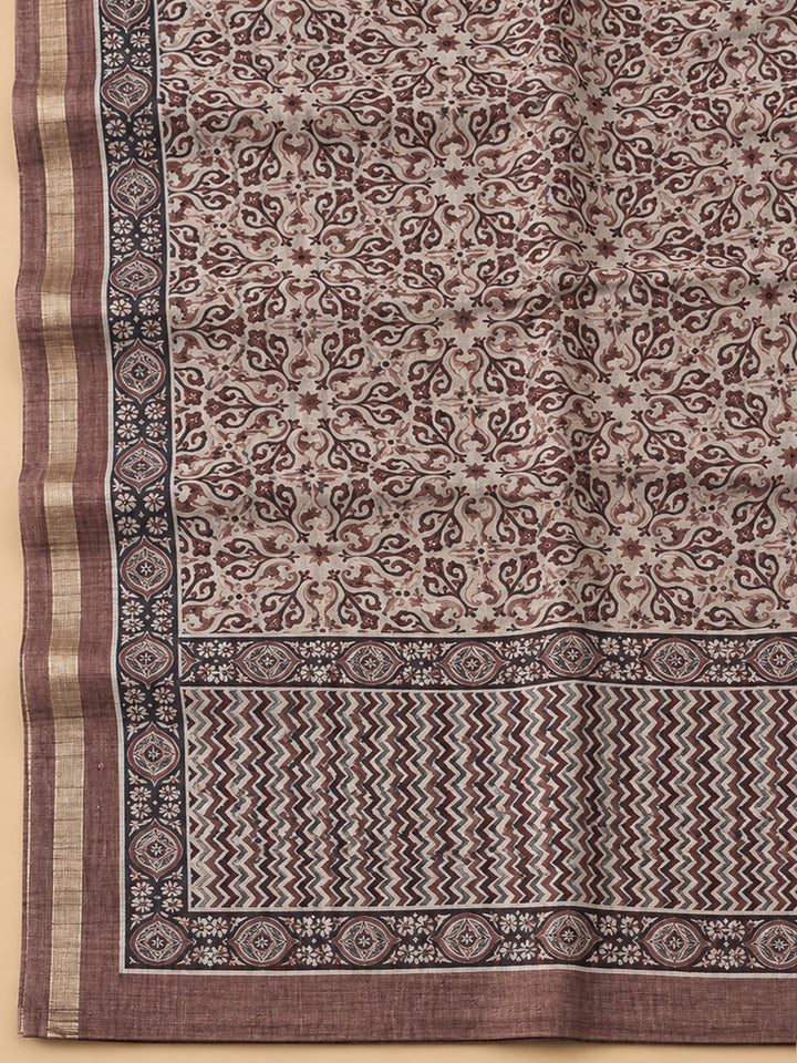 Brown Tussar Printed Unstitched Dress Material