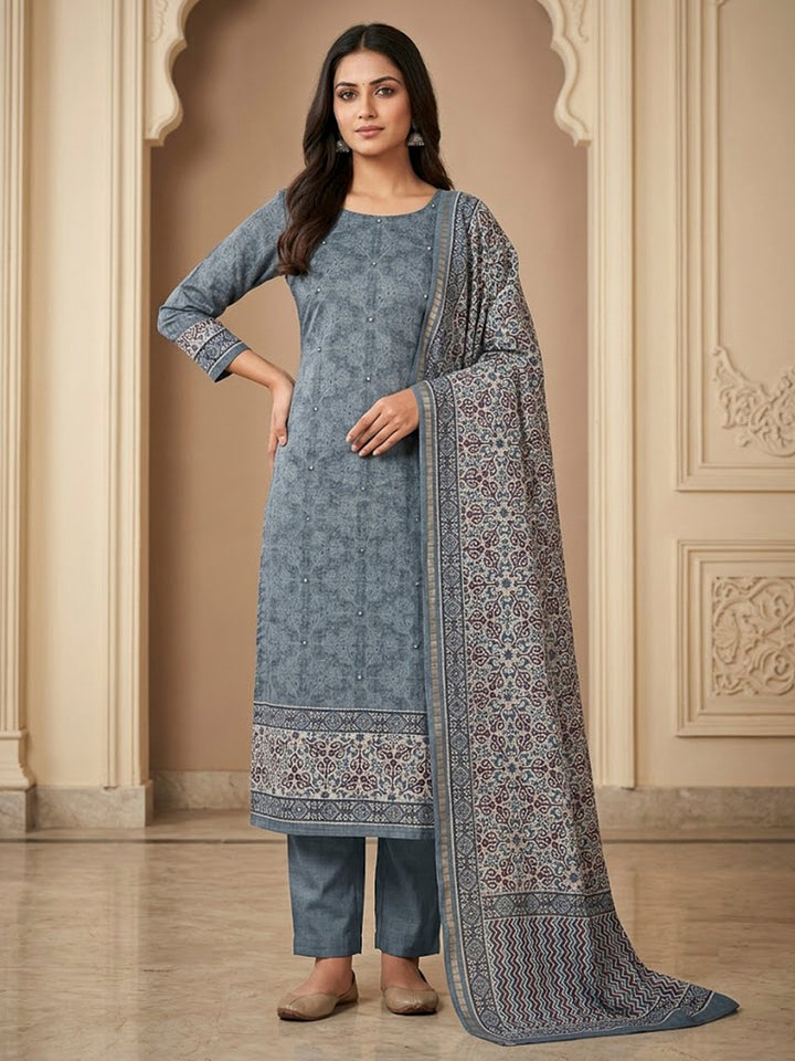 Grey Tussar Printed Unstitched Dress Material