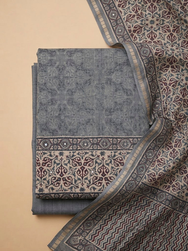 Grey Tussar Printed Unstitched Dress Material