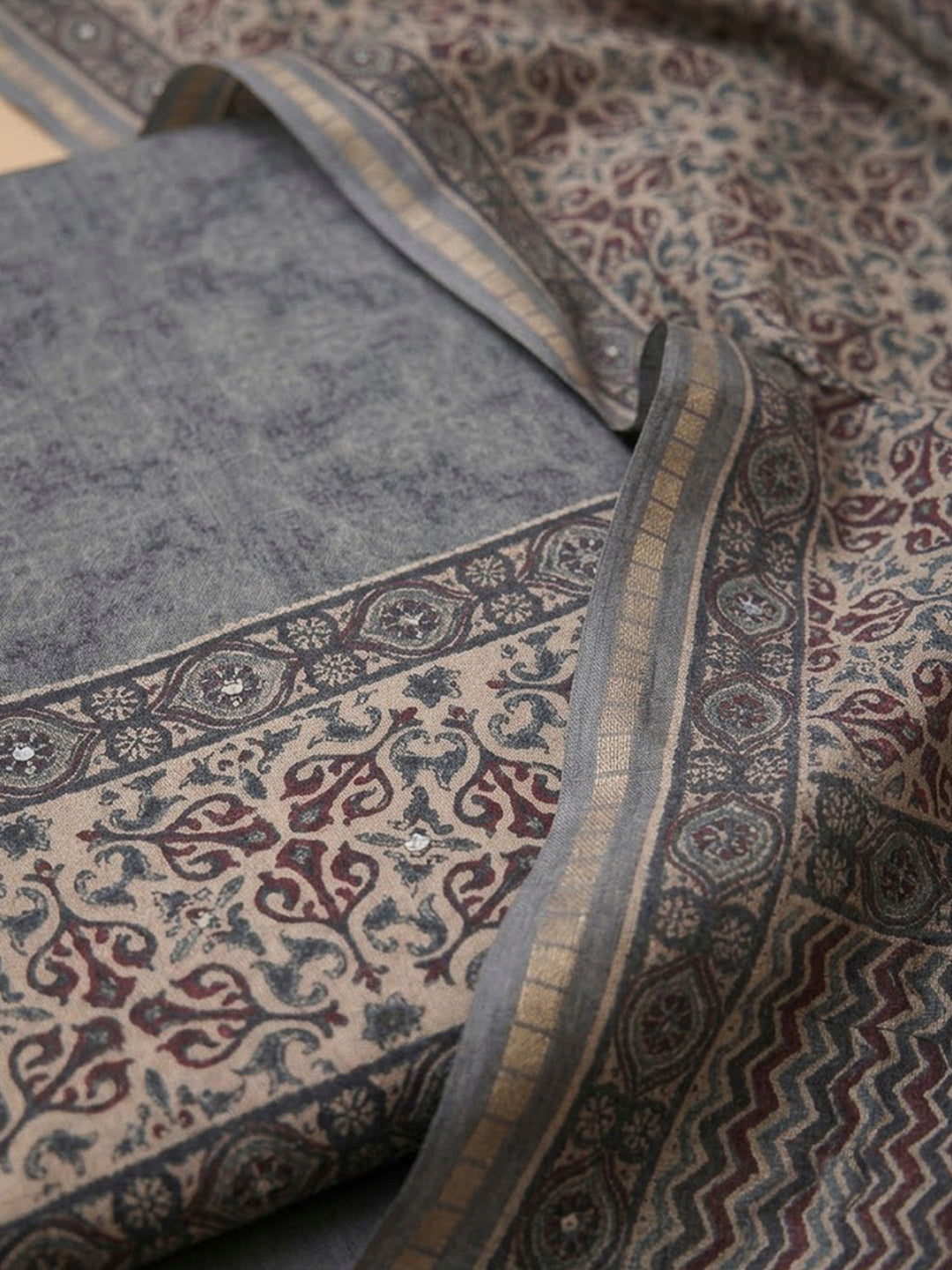 Grey Tussar Printed Unstitched Dress Material