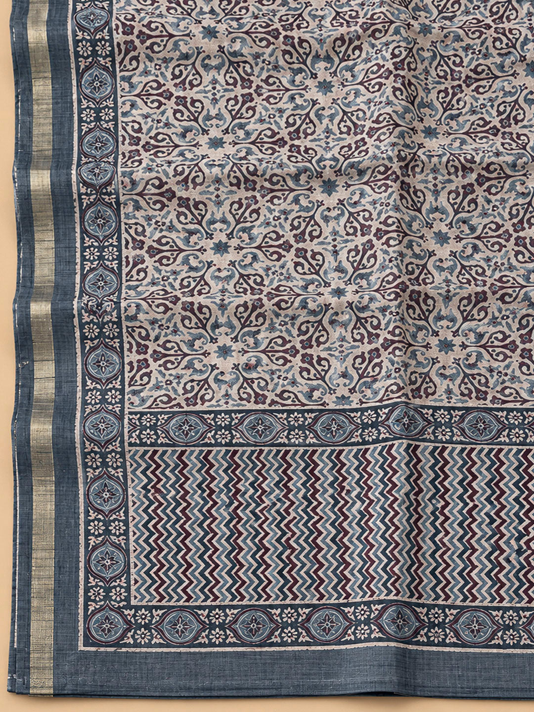 Grey Tussar Printed Unstitched Dress Material