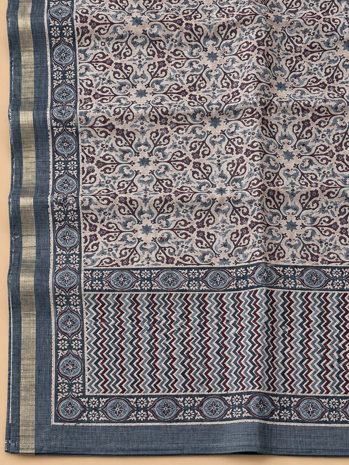 Grey Tussar Printed Unstitched Dress Material