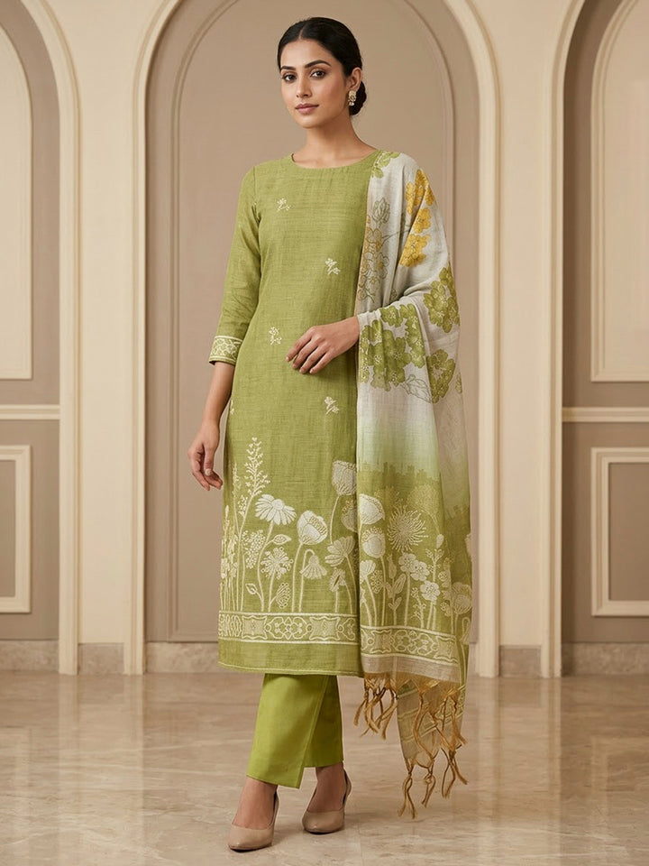 Mehndi Chanderi Printed Unstitched Dress Material