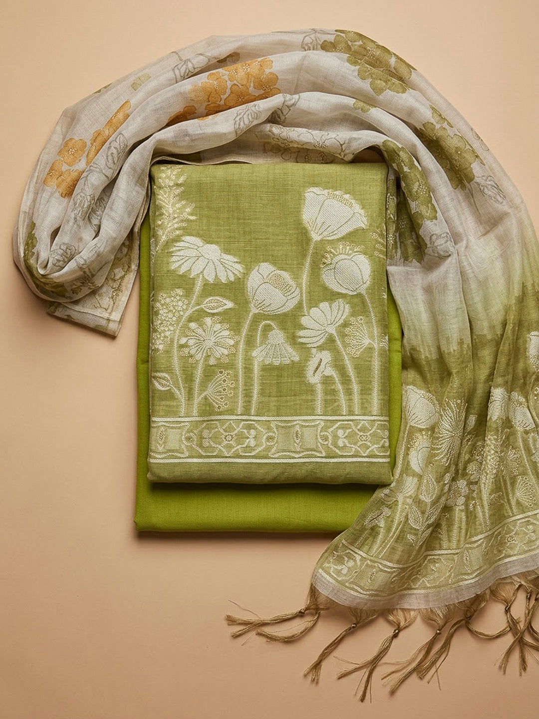Mehndi Chanderi Printed Unstitched Dress Material
