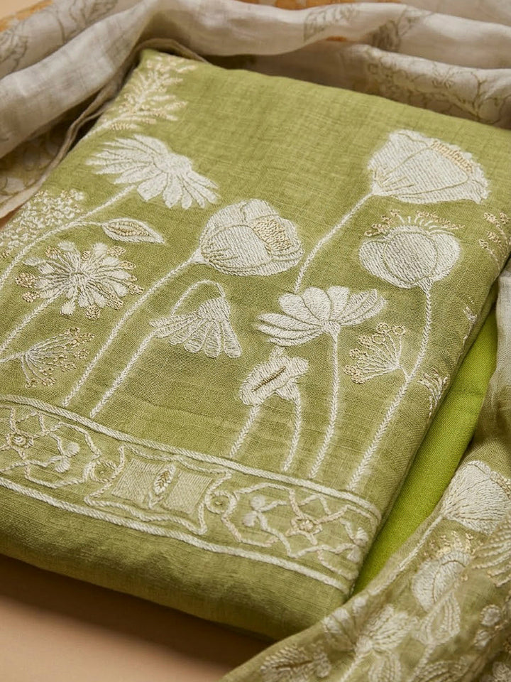 Mehndi Chanderi Printed Unstitched Dress Material