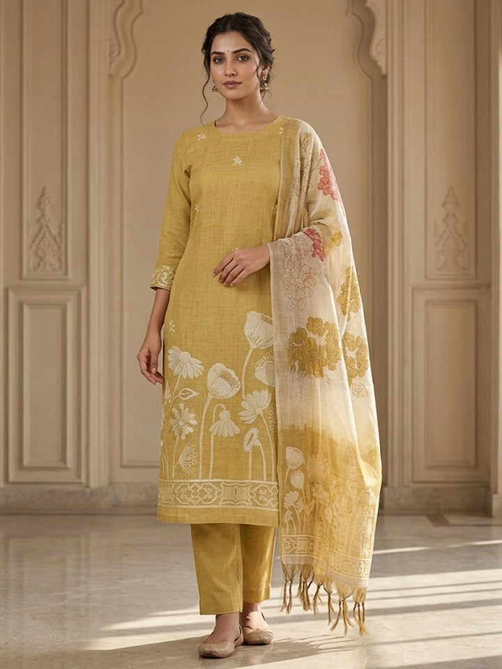 Mustard Chanderi Printed Unstitched Dress Material