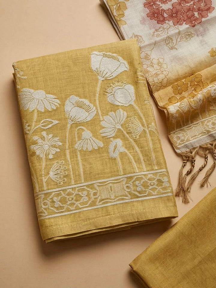Mustard Chanderi Printed Unstitched Dress Material