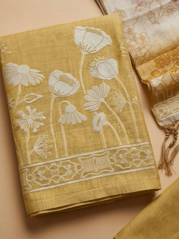 Mustard Chanderi Printed Unstitched Dress Material
